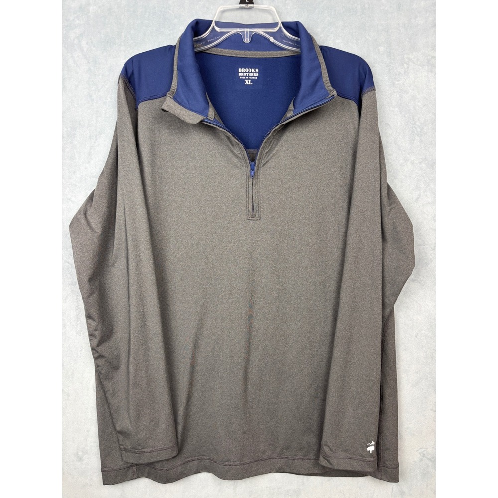 Brooks Brothers Mens XL Gray Navy Blue Quarter Zip Pullover Performance Shirt